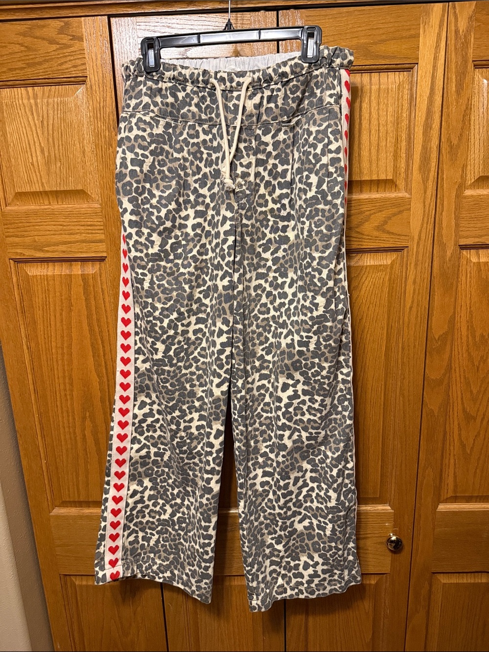 Altar'd State Wide Leg Leopard Lounge Pants with Red Heart Side Stripe-XL